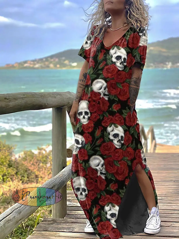 Women’s Punk Style Skull And Rose Print Design Short Sleeve Maxi Dress Colorful / S