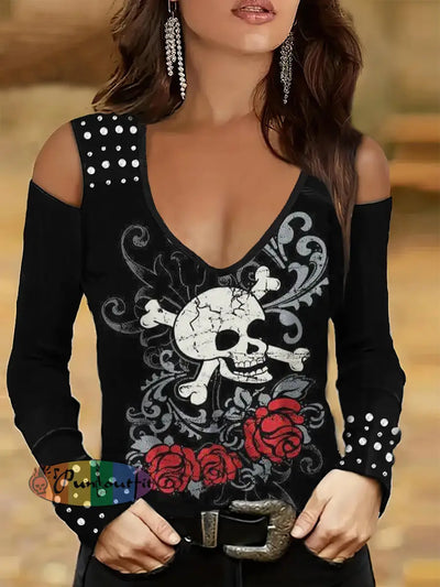 Women’s Punk Style Skull And Rose Print Studded V-Neck Top Black / S