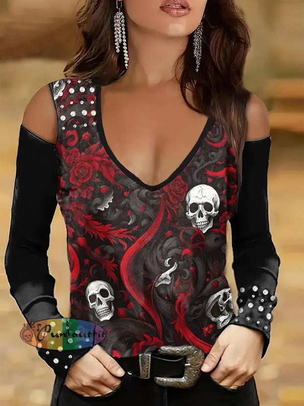 Women’s Punk Style Skull Fire Print Studded V-Neck Top Colorful / S