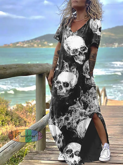 Women’s Punk Style Skull Print Design Short Sleeve Maxi Dress Black / S