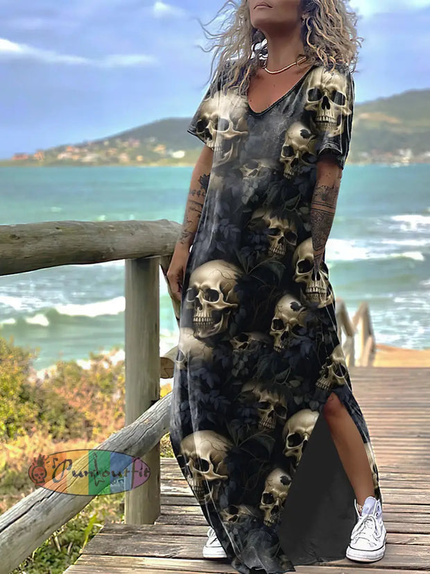 Women’s Punk Style Skull Print Design Short Sleeve Maxi Dress Colorful / S