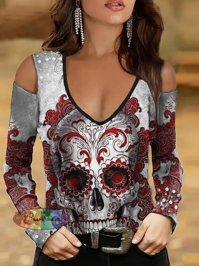 Women’s Punk Style Skull Print Studded V-Neck Top Colorful / S