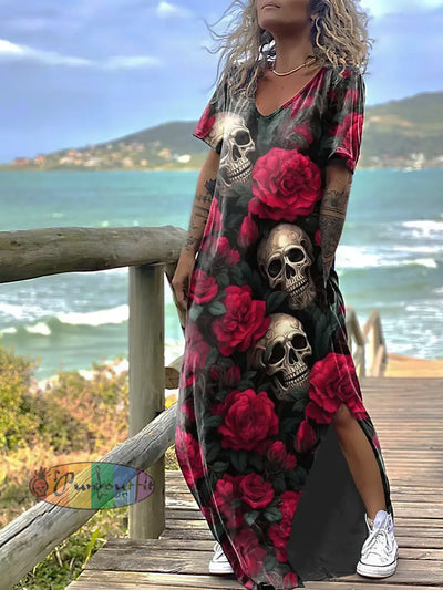 Women’s Punk Style Skull Rose Print Design Short Sleeve Maxi Dress Colorful / S