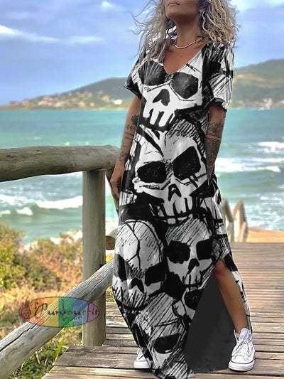 Women’s Punk Style Skulls Print Design Short Sleeve Maxi Dress Black / S