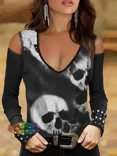 Women’s Punk Style Skulls Print Studded V-Neck Top Black / S