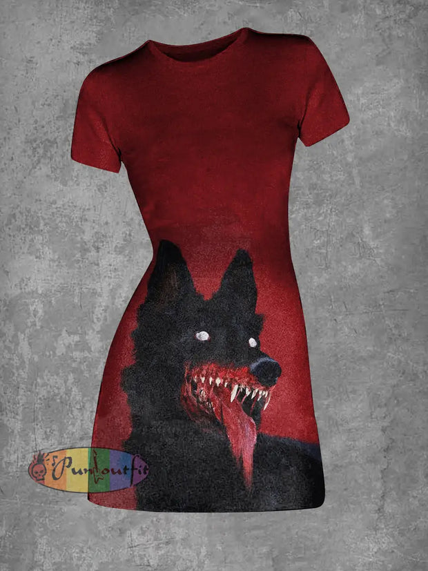 Women’s Punk Wolf Abstract Print Casual Mini Dress Red / S