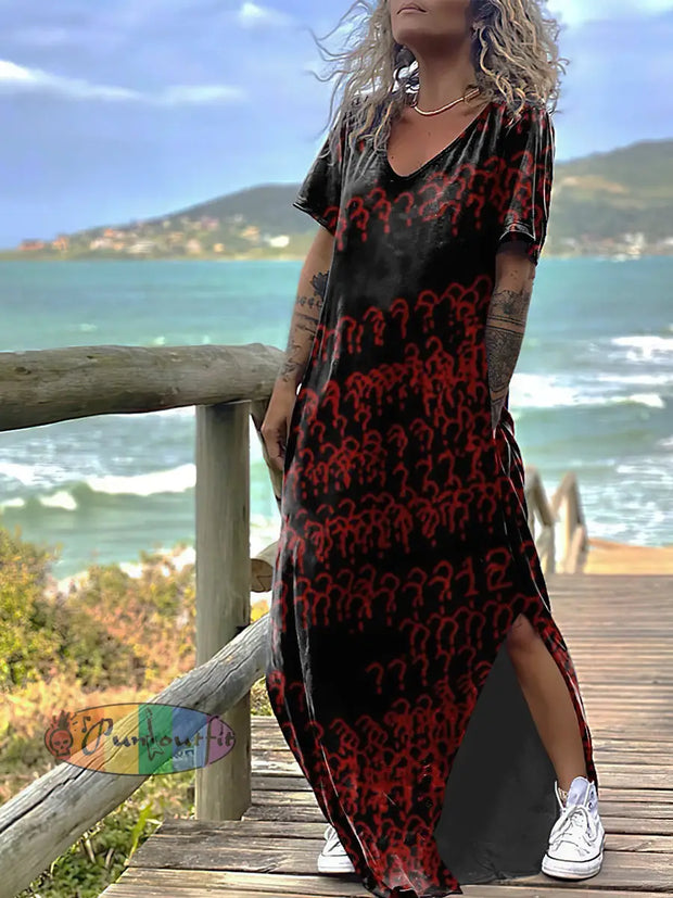 Women’s Question Mark Print Design Short Sleeve Maxi Dress Red / S