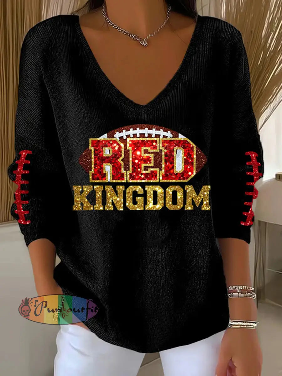 Women’s Red Kingdom Football Casual V-neck Top Black / S