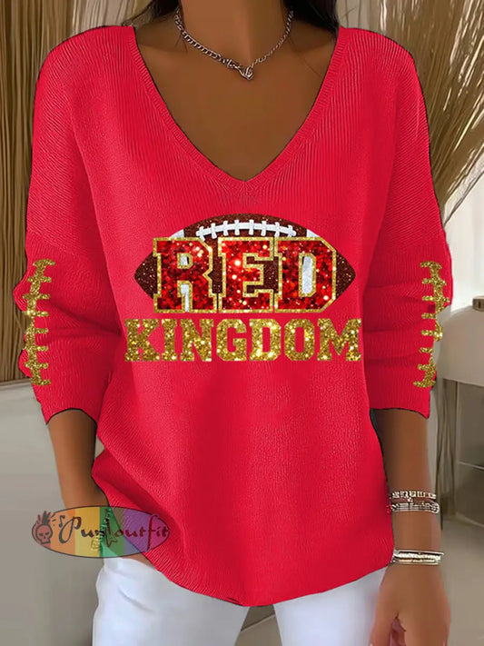 Women’s Red Kingdom Football Casual V-neck Top Red / S