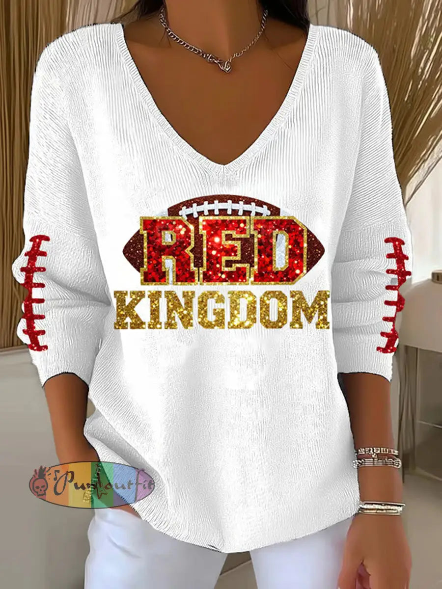 Women’s Red Kingdom Football Casual V-neck Top White / S