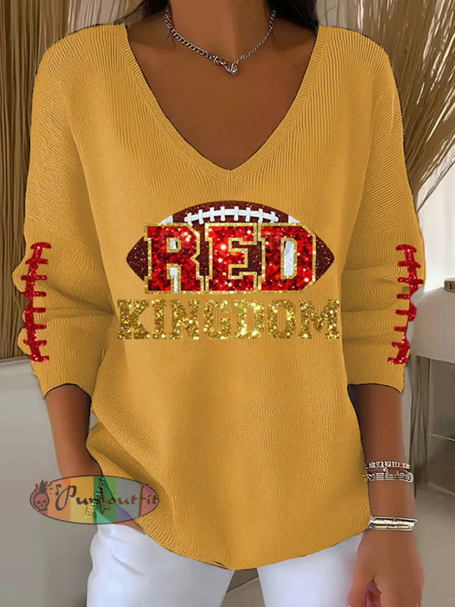 Women’s Red Kingdom Football Casual V-neck Top Yellow / S