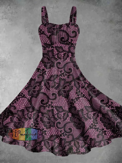 Women’s Reticular Flower Pattern Print Design Pinafore Dresses Black-Purple / S