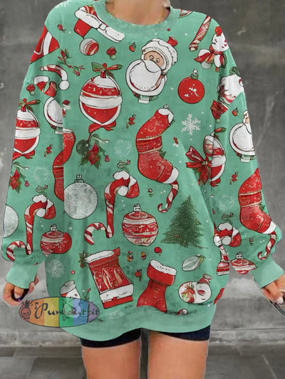 Women’s Retro Christmas Cartoon Printed Casual And Fashionable Loose Round Neck Long Sleeved