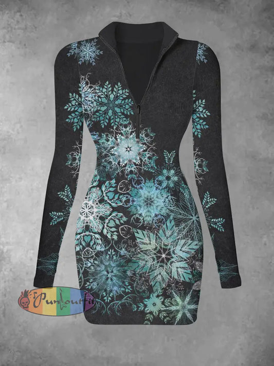 Women’s Retro Christmas Snowflake Print Casual Fashion V-Neck Long Sleeved Slim Fit Dress Dark