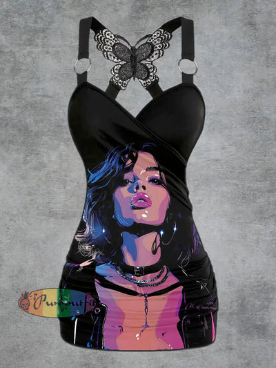 Womens’ Retro Fashion Glamour Girl Printed V-neck Tank Top Black / S