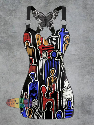 Womens’ Retro Fashion Graffiti Art Printed V-neck Tank Top Colorful / S