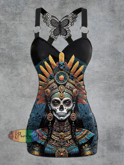 Womens’ Retro Fashion Skeleton Printed V-neck Tank Top Black / S