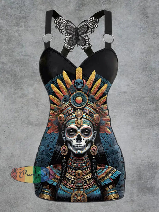Womens’ Retro Fashion Skeleton Printed V-neck Tank Top Black / S