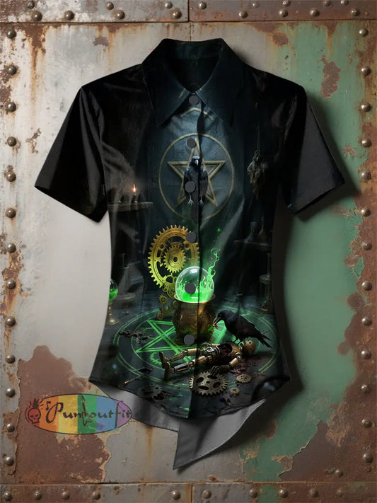 Women’s Retro Gothic Mechanical Raven Skull Printed Casual Short Sleeve Irregular Shirt Black / S