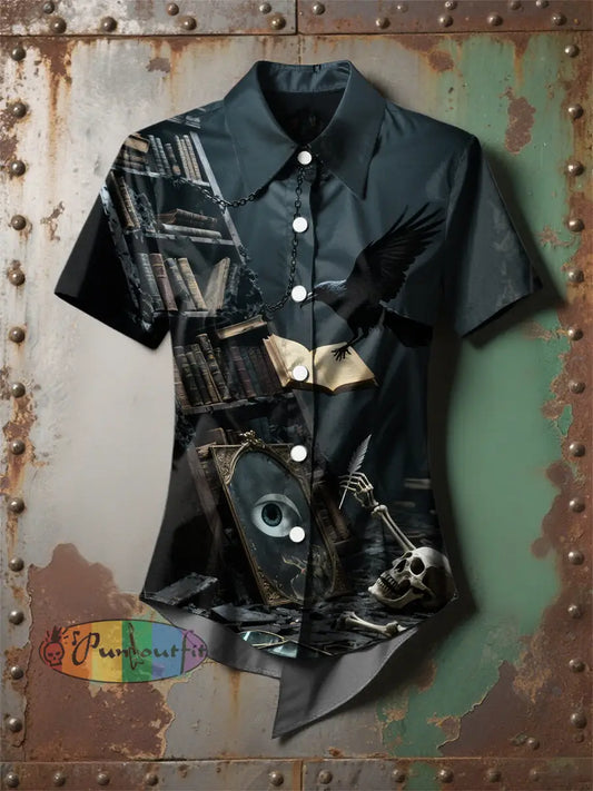 Women’s Retro Gothic Raven Book Skull Printed Casual Short Sleeve Irregular Shirt Black / S