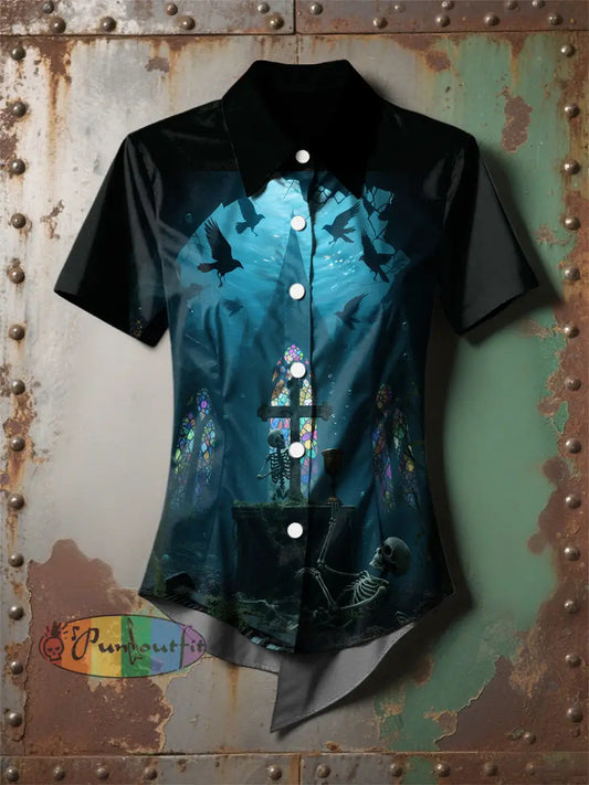 Women’s Retro Gothic Raven Deep Sea Skull Printed Casual Short Sleeve Irregular Shirt Black / S