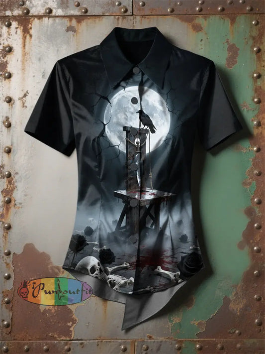 Women’s Retro Gothic Raven Moon Skull Printed Casual Short Sleeve Irregular Shirt Black / S