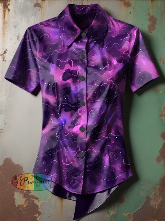 Women’s Retro Gothic Stage Fade to Purple Ripples Printed Casual Short Sleeve Irregular Shirt Purple / S
