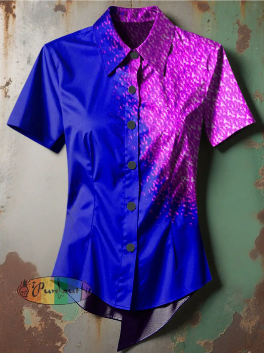 Women’s Retro Gothic Stage Gradient Blue Purple Colour Block Printed Casual Short Sleeve Irregular Shirt Blue / S