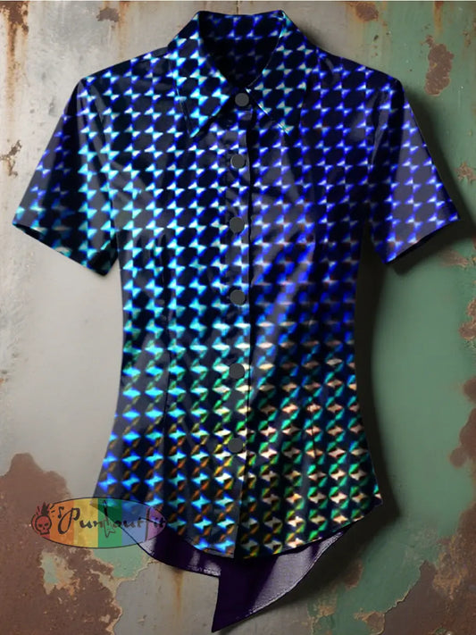 Women’s Retro Gothic Stage Gradient Multicoloured Checkerboard Printed Casual Short Sleeve Irregular Shirt Blue / S