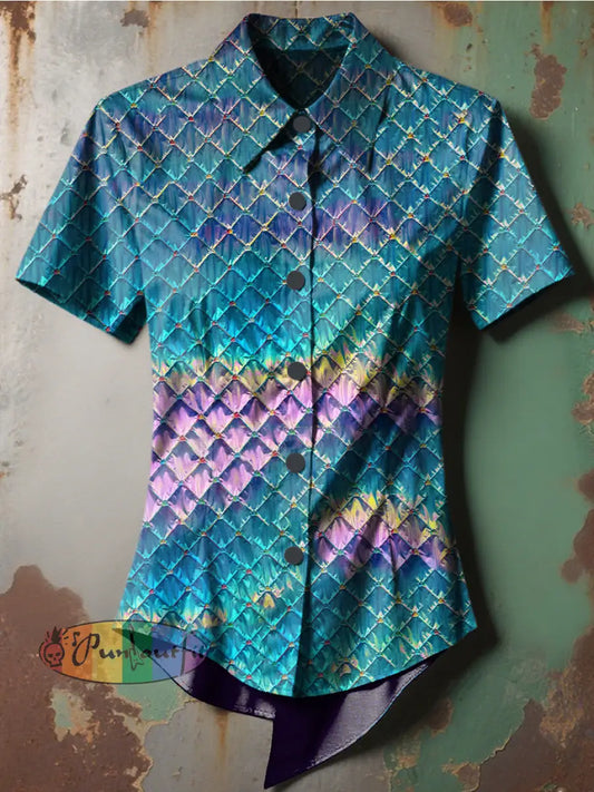 Women’s Retro Gothic Stage Gradient Multicoloured Diamond Pattern Printed Casual Short Sleeve Irregular Shirt Green / S