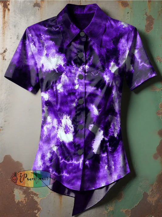 Women’s Retro Gothic Stage Gradient Purple Printed Casual Short Sleeve Irregular Shirt Purple / S