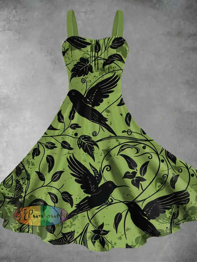 Women’s Retro Green Plants And Birds Print Suspender Dress / S