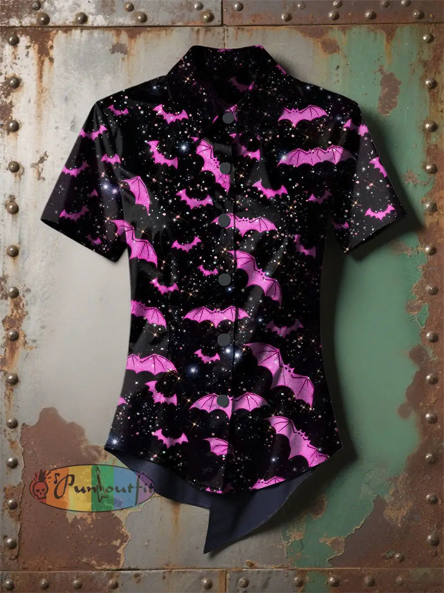 Women’s Retro Halloween Bat Highlights Printed Casual Short Sleeve Irregular Shirt Purple / S
