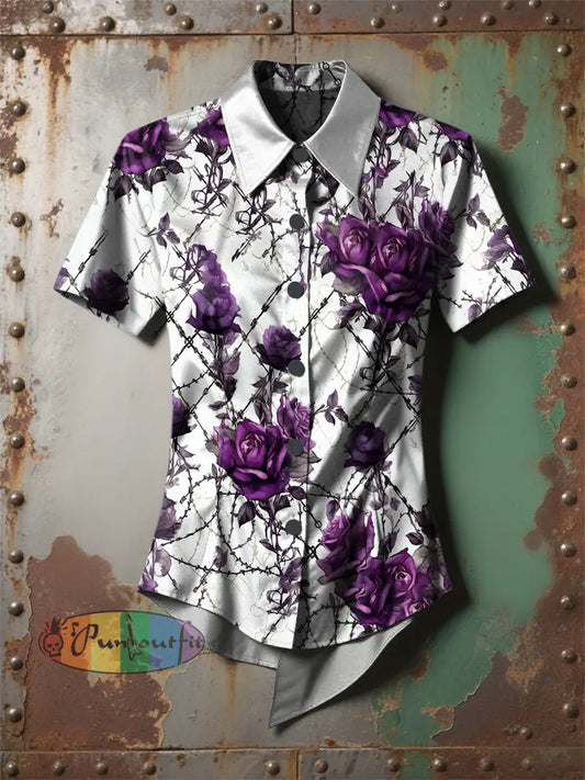 Women’s Retro Halloween Gothic Gradient Floral Printed Casual Short Sleeve Irregular Shirt Purple / S
