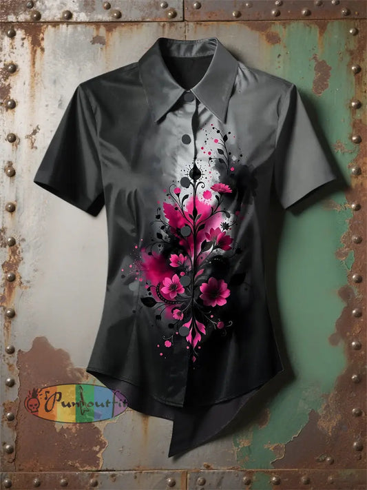 Women’s Retro Halloween Gothic Gradient Floral Printed Casual Short Sleeve Irregular Shirt Purple / S