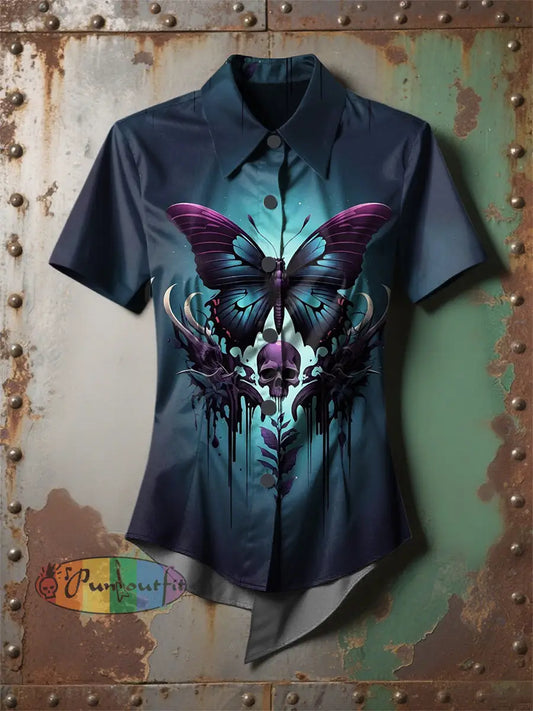 Women’s Retro Halloween Skull Butterfly Printed Casual Short Sleeve Irregular Shirt Blue / S