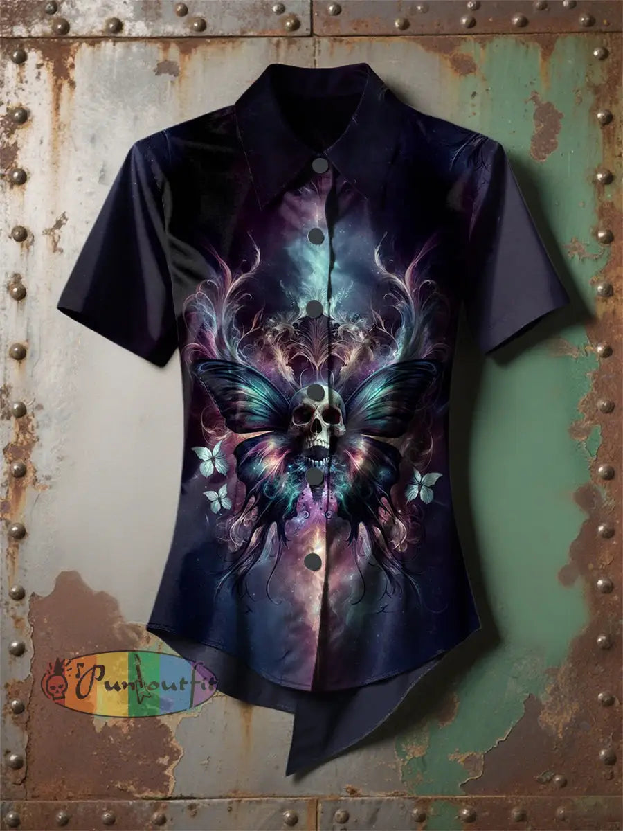 Women’s Retro Halloween Skull Butterfly Smoke Printed Casual Short Sleeve Irregular Shirt Purple / S