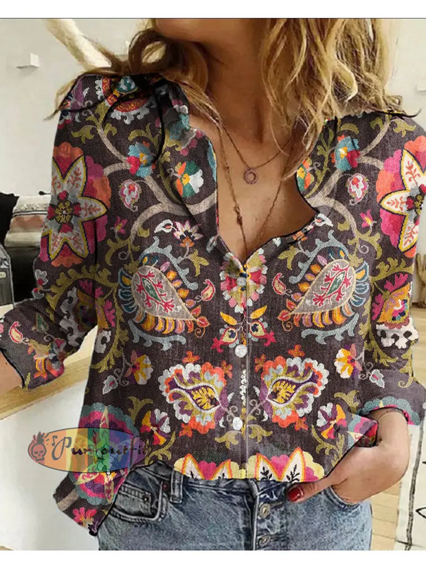 Women’s Retro Hippie Colorful Psychedelic Pattern Printed Casual Long Sleeve Shirt As Picture / S