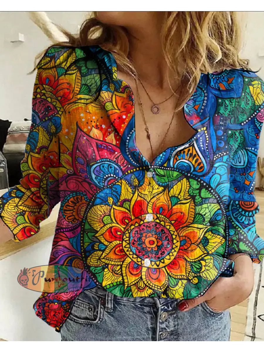 Women’s Retro Hippie Colorful Psychedelic Pattern Printed Casual Long Sleeve Shirt As Picture / S