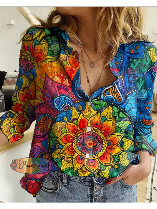 Women’s Retro Hippie Colorful Psychedelic Pattern Printed Casual Long Sleeve Shirt As Picture / S