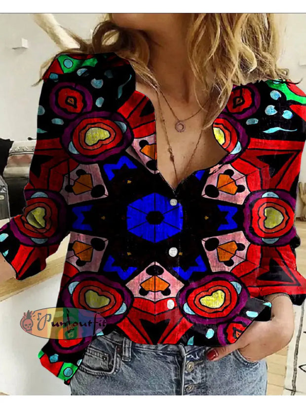 Women’s Retro Hippie Colorful Psychedelic Pattern Printed Casual Long Sleeve Shirt As Picture / S