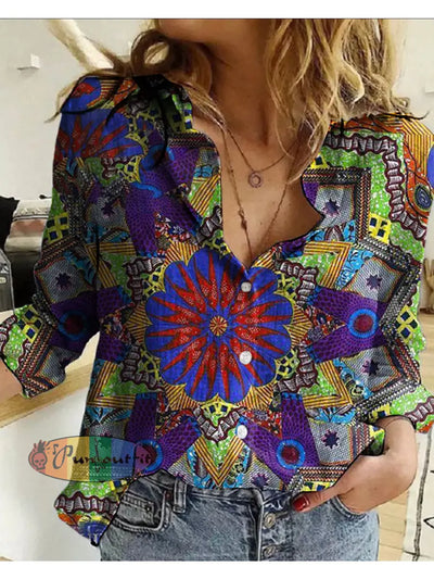 Women’s Retro Hippie Colorful Psychedelic Pattern Printed Casual Long Sleeve Shirt As Picture / S