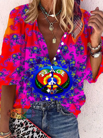 Women’s Retro Hippie Colorful Psychedelic Pattern Printed Casual Long Sleeve Shirt As Picture / S