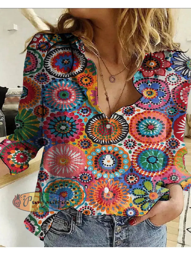 Women’s Retro Hippie Colorful Psychedelic Pattern Printed Casual Long Sleeve Shirt As Picture / S