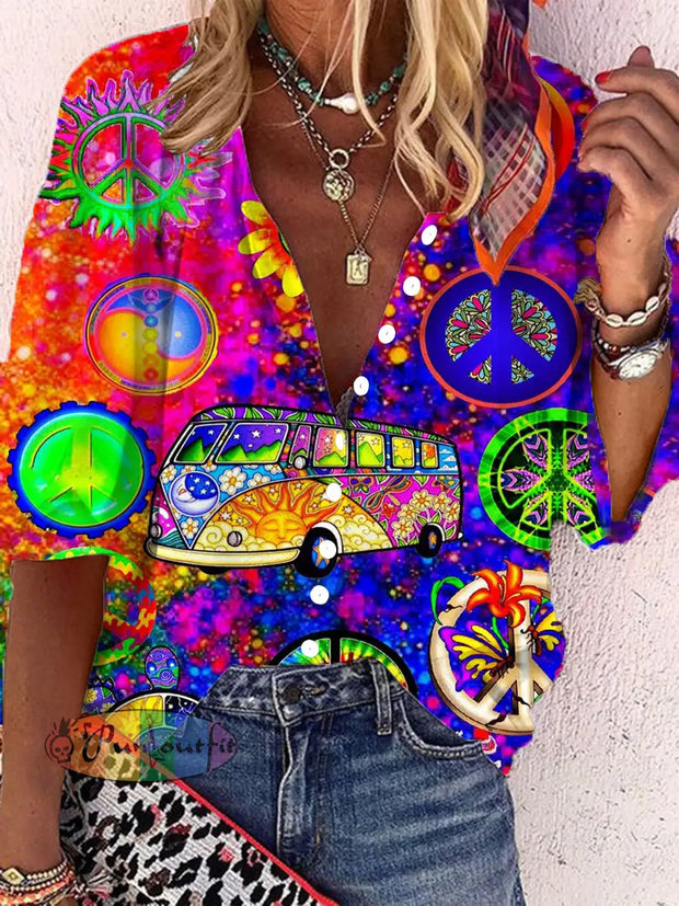 Women’s Retro Hippie Colorful Psychedelic Pattern Printed Casual Long Sleeve Shirt As Picture / S