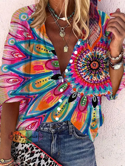 Women’s Retro Hippie Colorful Psychedelic Pattern Printed Casual Long Sleeve Shirt As Picture / S