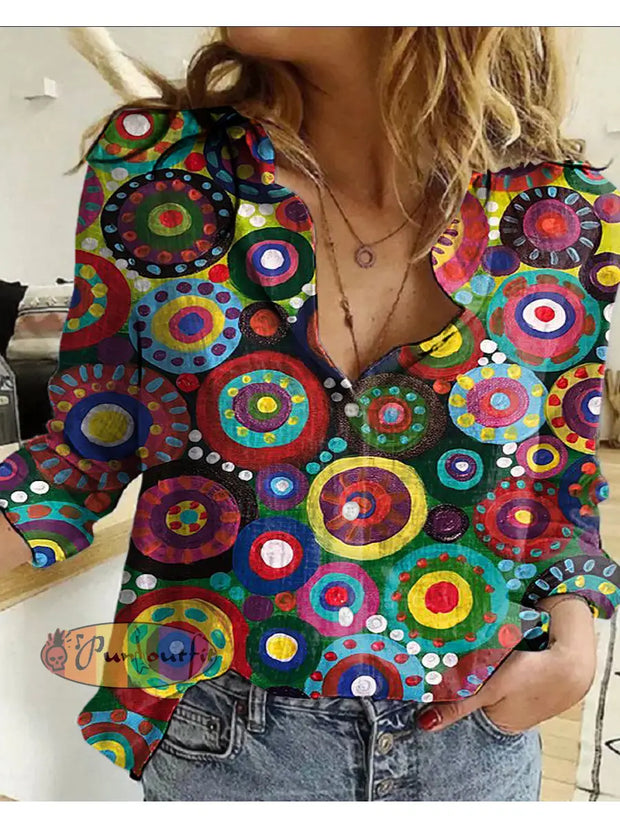 Women’s Retro Hippie Colorful Psychedelic Pattern Printed Casual Long Sleeve Shirt As Picture / S