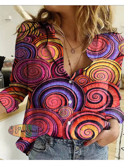 Women’s Retro Hippie Colorful Psychedelic Pattern Printed Casual Long Sleeve Shirt As Picture / S