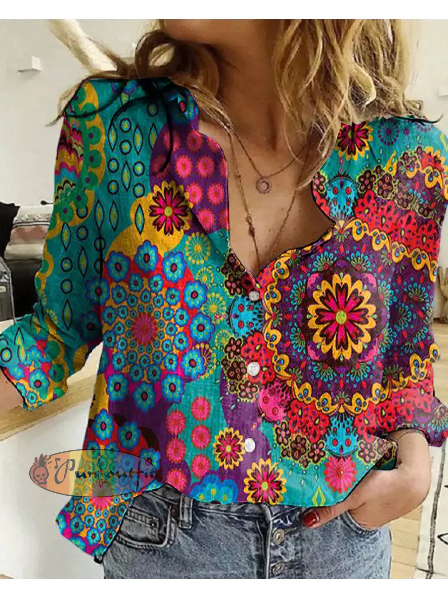 Women’s Retro Hippie Colorful Psychedelic Pattern Printed Casual Long Sleeve Shirt Green / S