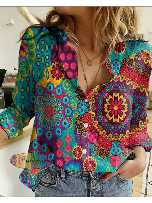 Women’s Retro Hippie Colorful Psychedelic Pattern Printed Casual Long Sleeve Shirt Green / S